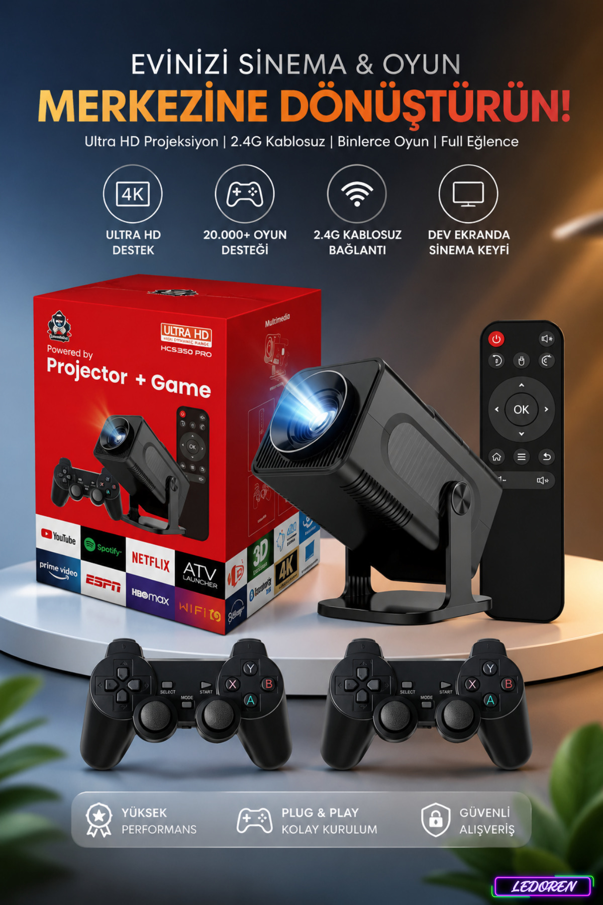 Bilişim Burada HCS350 Pro Retro Video Oyunu Konsolu + Android Tv + Dahili Hoparlör Porjeksiyon Projektör